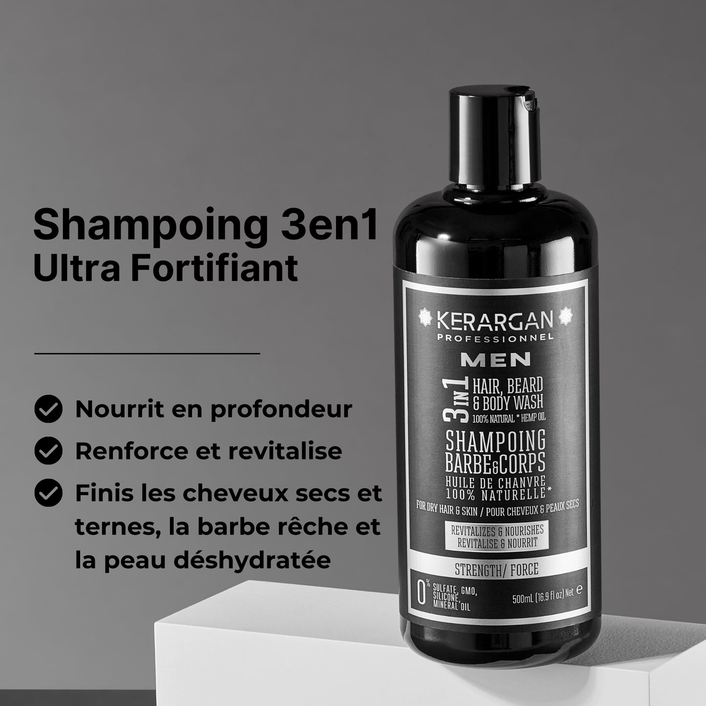 Shampoing fortifiant 3 en 1 à l'huile de chanvre - 500ml