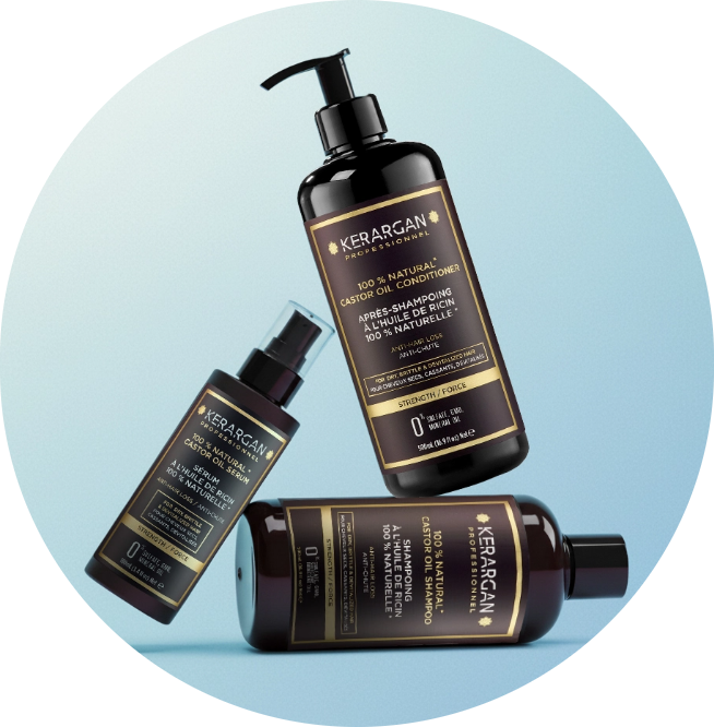 Three black bottles of Kerargan natural castor oil hair care products with gold and white text on a light blue circular background