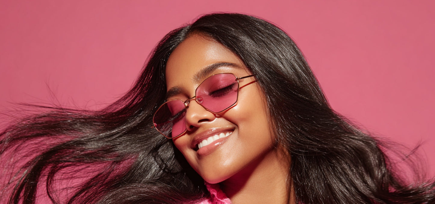 Smiling woman with long dark hair wearing pink sunglasses and a textured pink jacket against a solid pink background