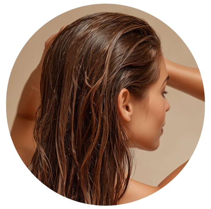 Close-up side view of a woman with wet, slicked-back brown hair and smooth skin against a neutral background