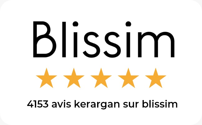 Blissim logo above five gold stars with text showing 4153 reviews in French below on a white rounded background