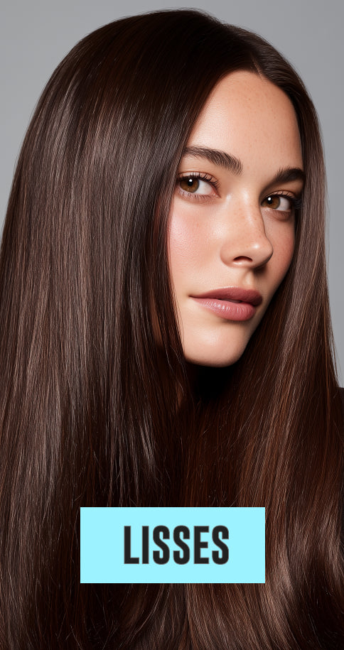 Close-up of a woman with smooth, straight brown hair and clear skin, gazing softly to the side against a gray background