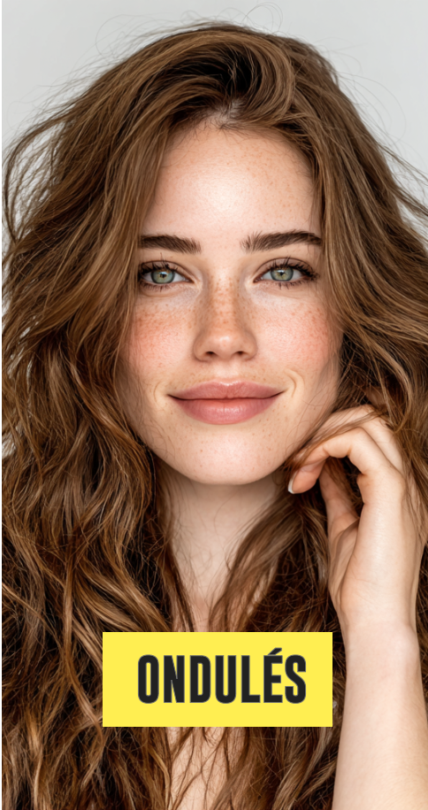 Close-up portrait of a smiling woman with long wavy brown hair and light freckles against a plain background